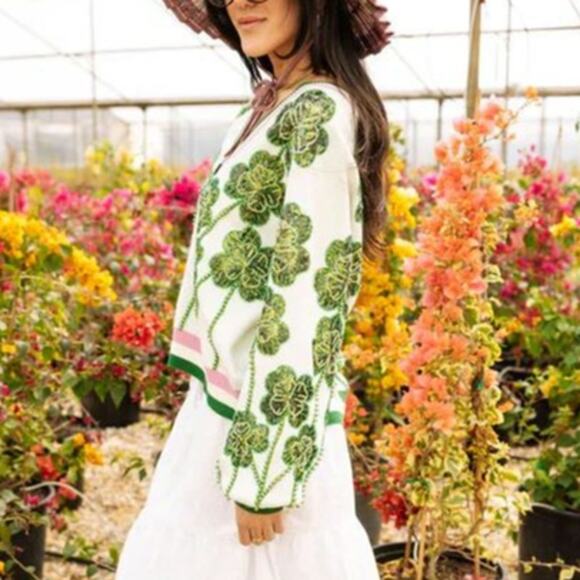 Queen Of Sparkles White, Green & Pink Stripe Beaded Shamrock Cardigan L - Picture 5 of 7